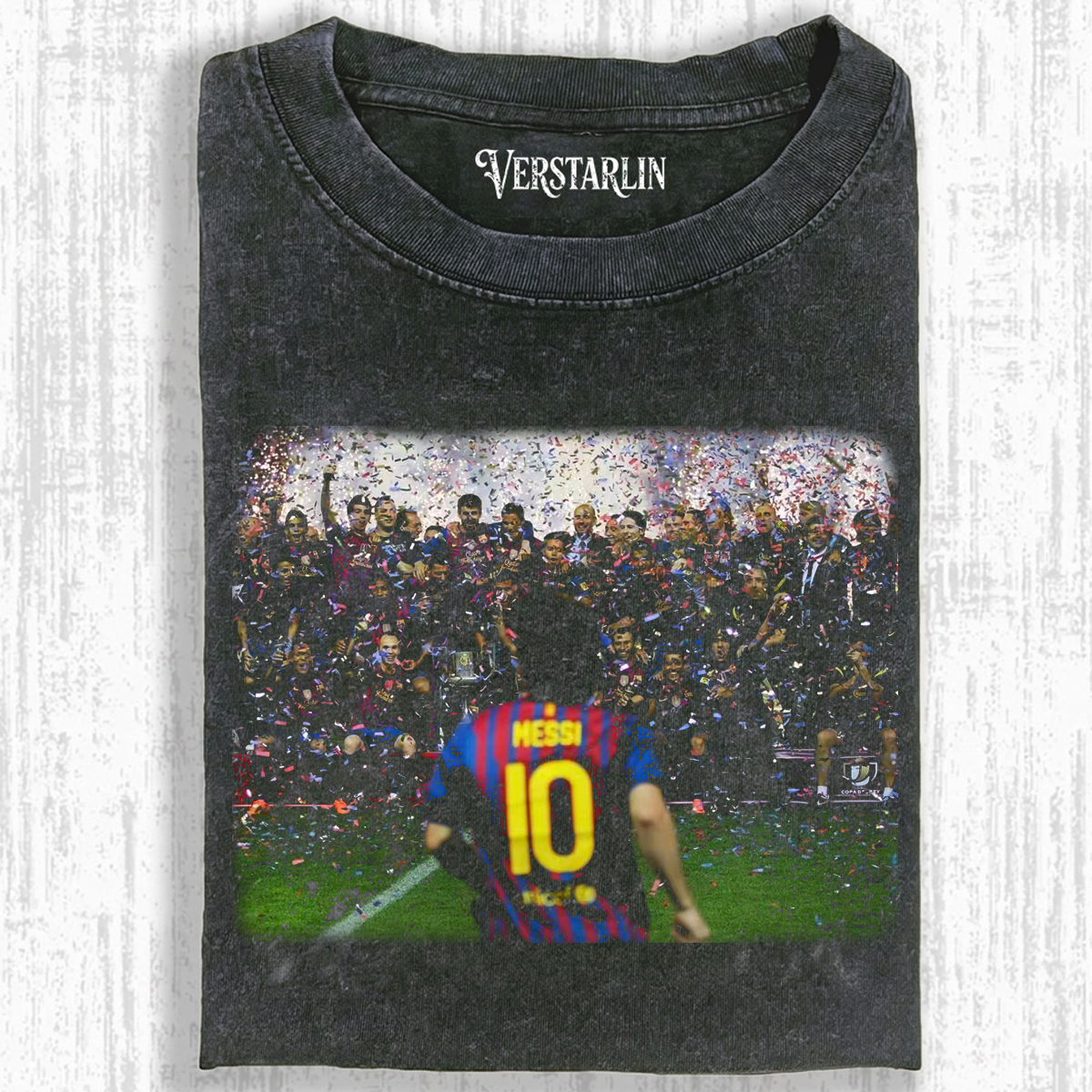 FC Barcelona Champions Celebration Messi Vintage Tee