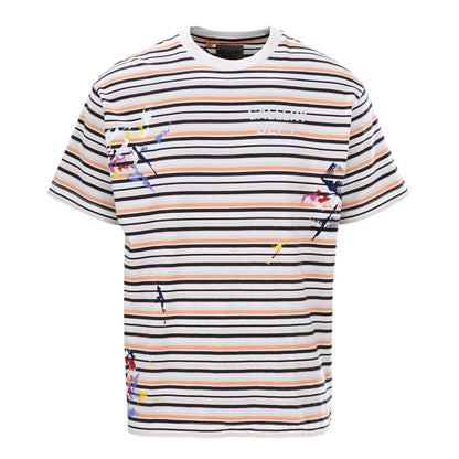 Ink-splashed hand-painted letter print striped short-sleeved T-shirt