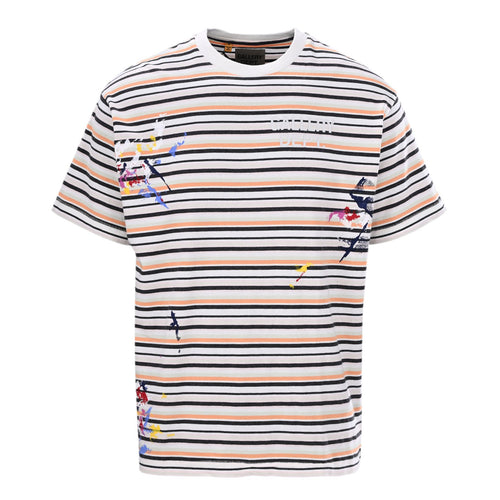 Ink-splashed hand-painted letter print striped short-sleeved T-shirt