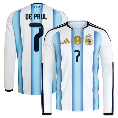 Rodrigo De Paul Argentina National Team 2026 Home Replica Long Sleeve Jersey - White